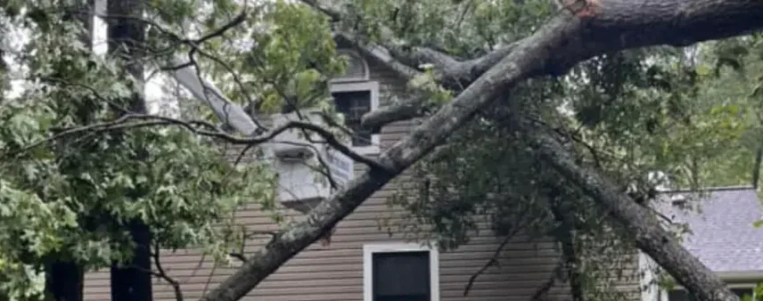 Storm-damaged tree leaning near a home in Cornelia, GA – professional tree removal in Habersham County