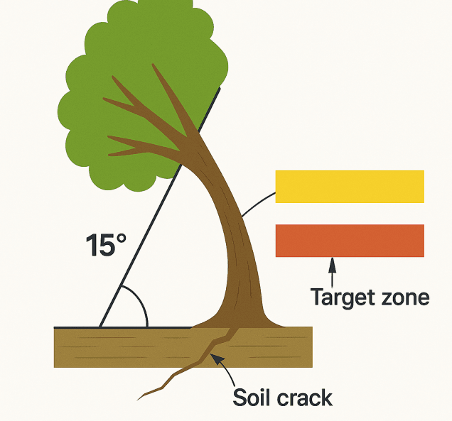 Diagram showing how to measure tree lean, soil crack indicators, and target zones
