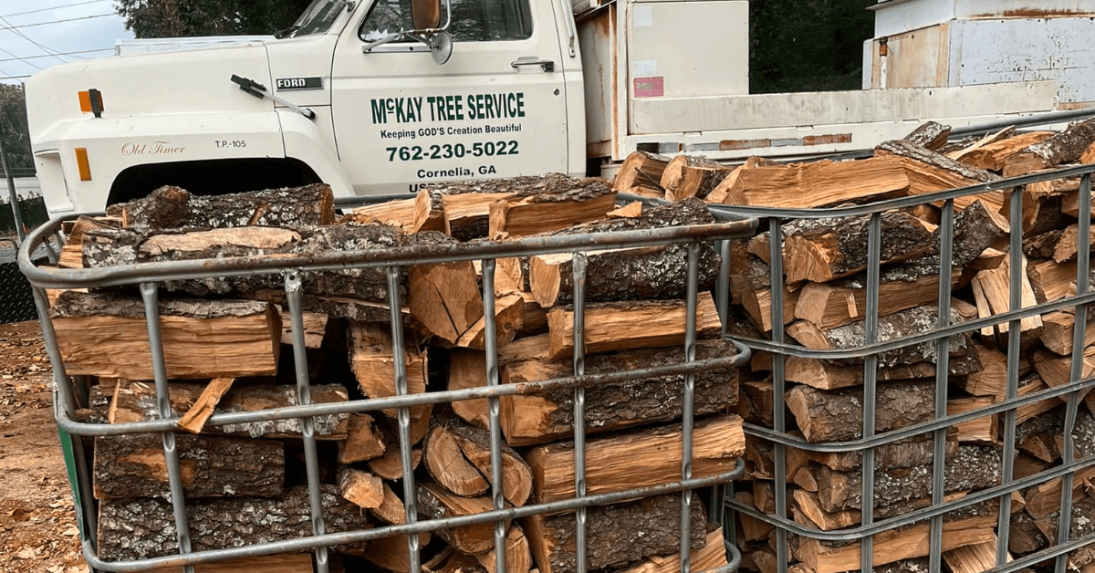 Stacked bagged firewood delivered by McKay Tree Service in Cornelia, GA, seasoned hardwood ready to burn for fireplaces and outdoor use.