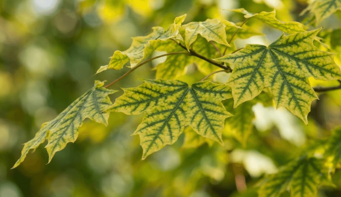 tree canopy with widespread yellow leaves in summer