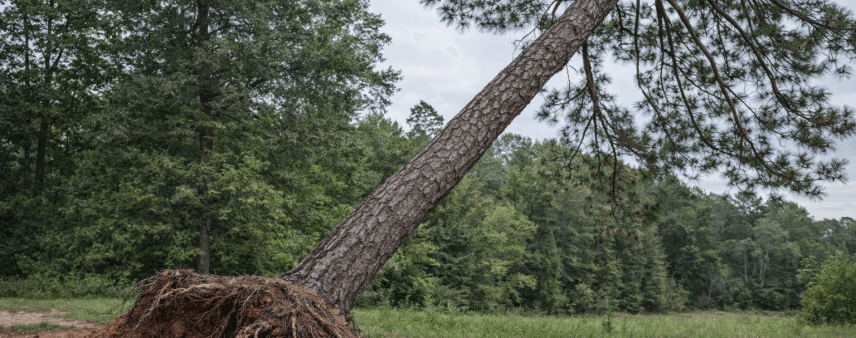 Leaning loblolly pine tree showing a shallow root system in Northeast Georgia clay soil