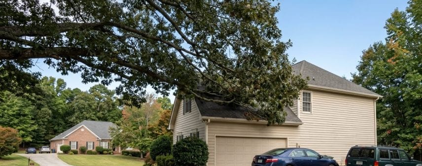 Overhanging tree branches above a roof and driveway in Northeast Georgia, creating property risk