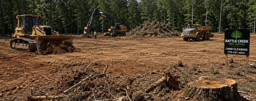 Large-scale land clearing project underway for a new home site in Hall County.