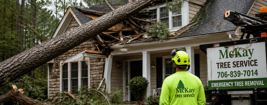 fallen tree on house after storm in North Georgia emergency removal