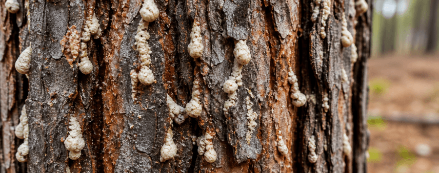 southern pine beetle pitch tubes visible on pine tree trunk in Georgia close up