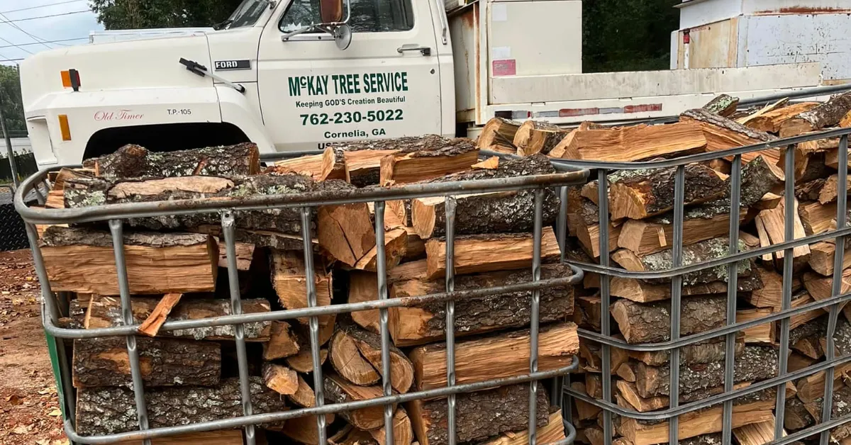 Stacked bagged firewood delivered by McKay Tree Service in Cornelia, GA, seasoned hardwood ready to burn for fireplaces and outdoor use.