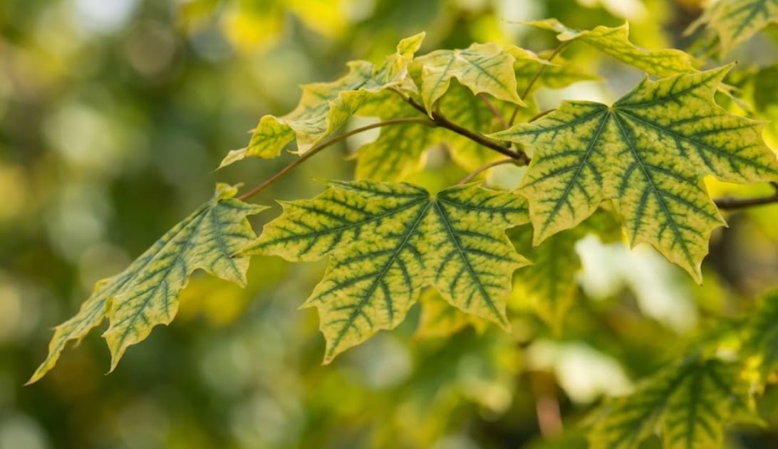 tree canopy with widespread yellow leaves in summer